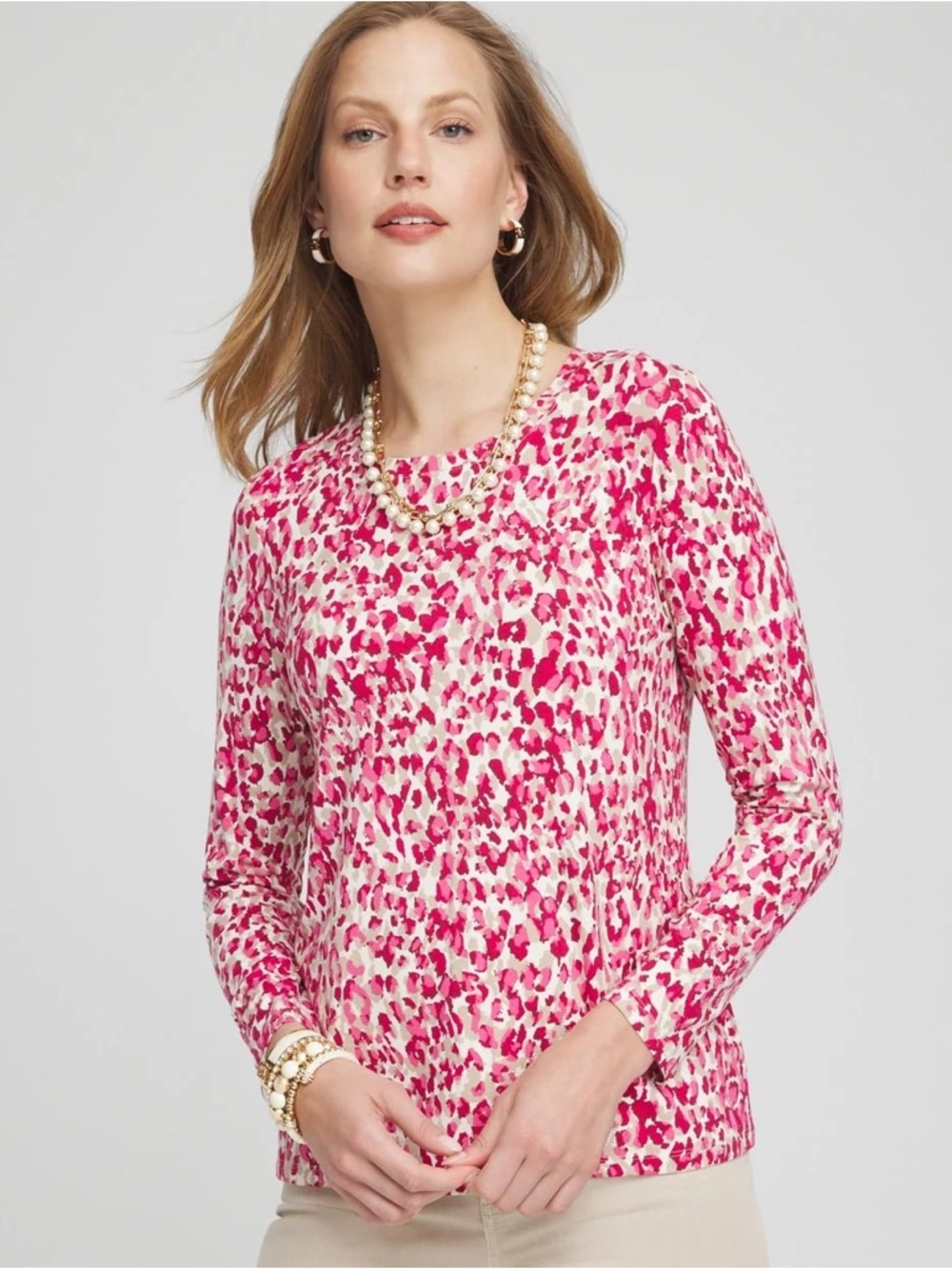 Chico's Pink and Cream Leopard Print Long Sleeve Top NWT